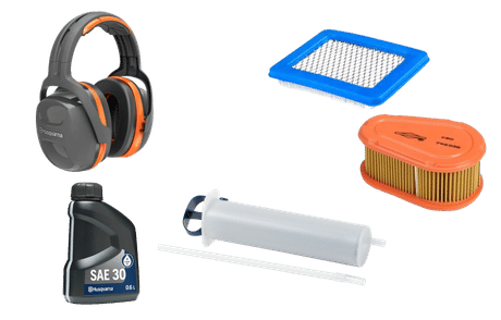 Tillbehör till gräsklippare, hörselskydd, luftfilter, oljesug och motorolja